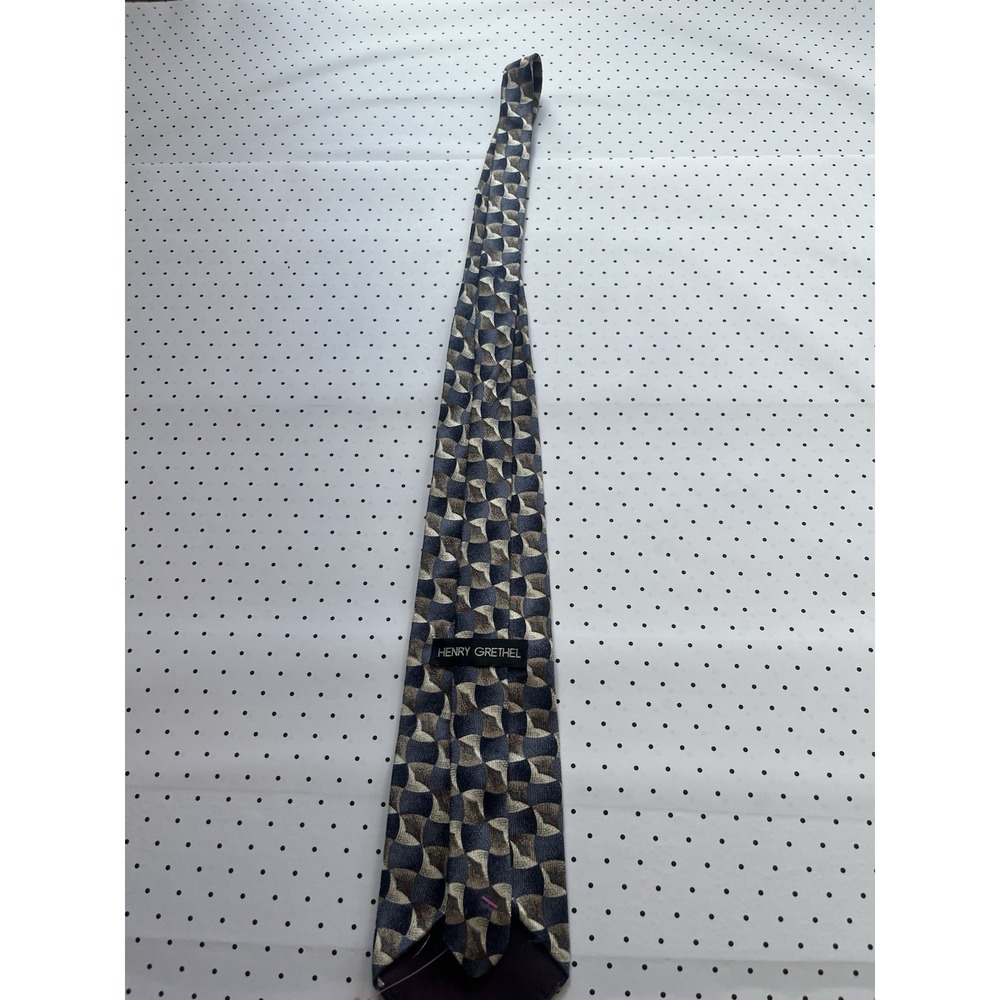 Vintage Henry Grethel Geometric Silk Tie Blue Taupe Abstract Necktie 90s Mens